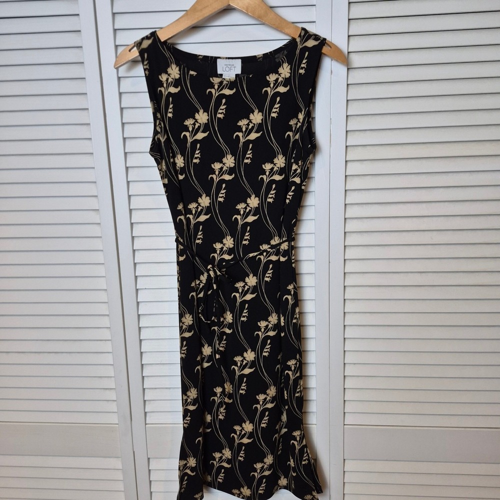 Ann Taylor Loft Sleeveless Dress Floral Print Quiet Luxury Black Beige‎ Fitted S
